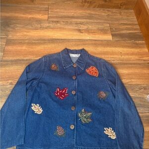 Denim Jacket with Leaf Embroidery